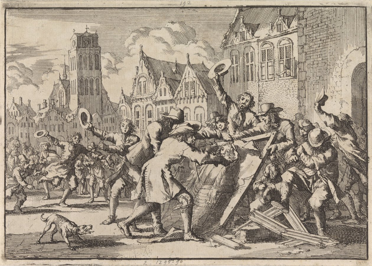 Motim em Dordrecht, durante o qual uma imagem de Cornelis de Witt é destruída pelo povo, 1672 de Jan Luyken