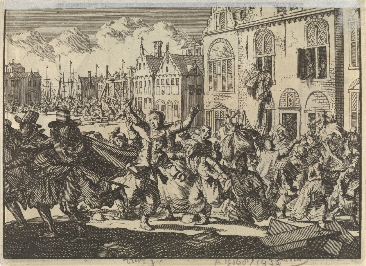 Revolta em Enkhuizen em que as casas dos vice-almirantes Kwast e Turk são destruídas, 1635 de Jan Luyken