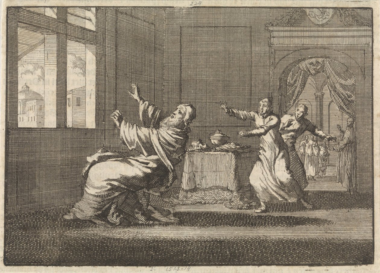 Papa Inocêncio XII cai para trás da janela do Quirinal logo após sua eleição, 1691 de Jan Luyken