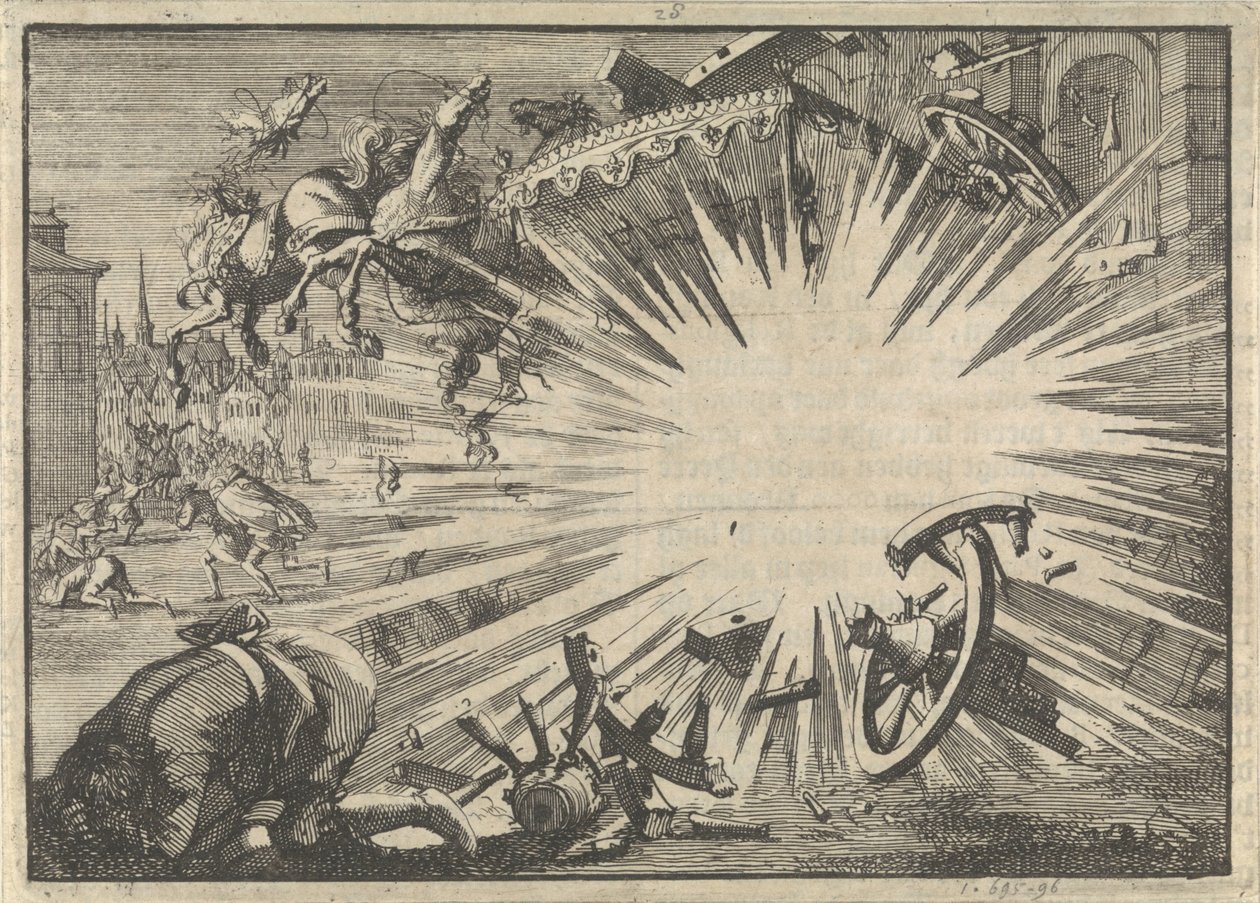 Carruagem e cavalos do rei Luís XIII destruídos por uma explosão de máquina infernal, c. 1625 de Jan Luyken