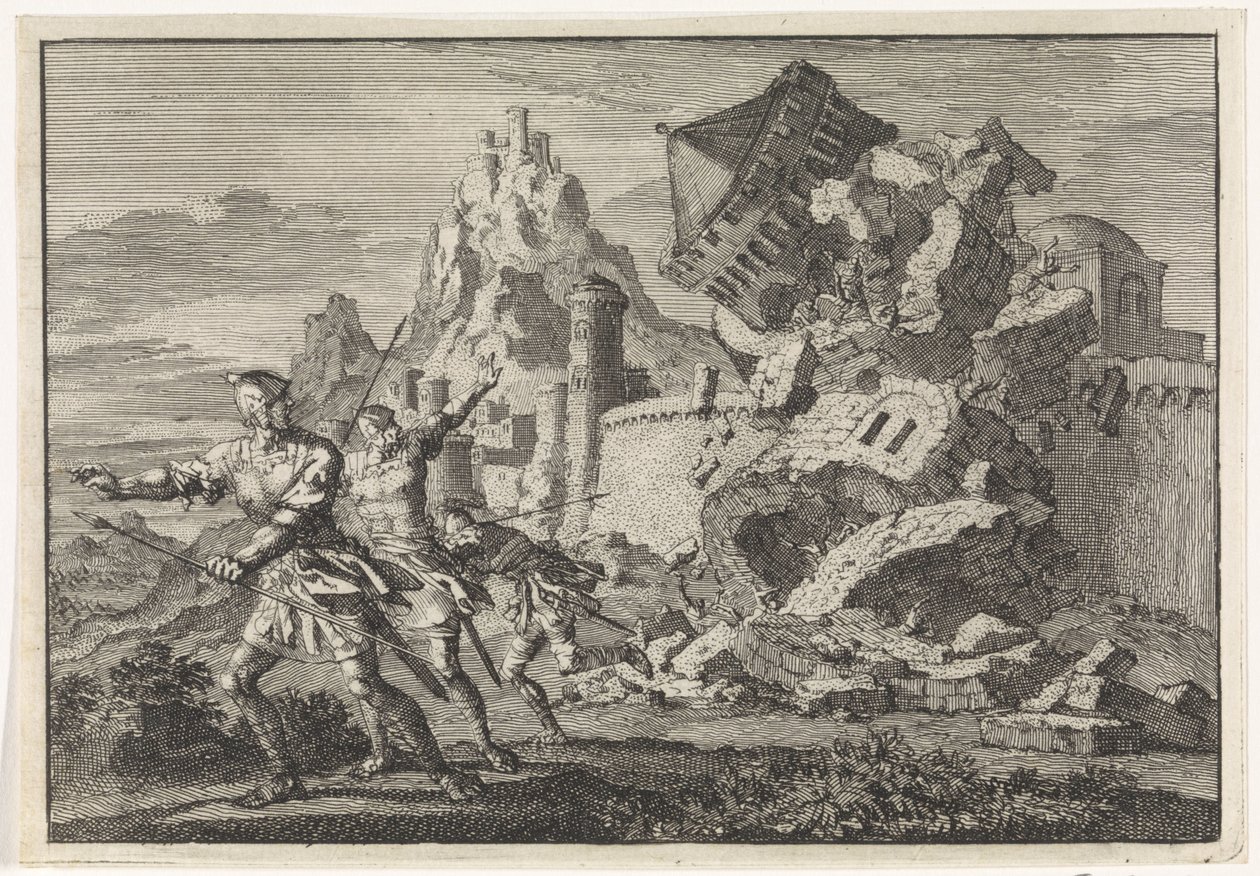 Soldados romanos causaram o colapso de uma torre na parede de Gamala devido a um corte inferior de Jan Luyken