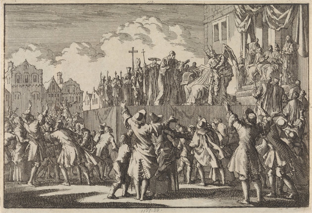 Cena de rua em Aberdeen zombando da religião católica, 1689 de Jan Luyken