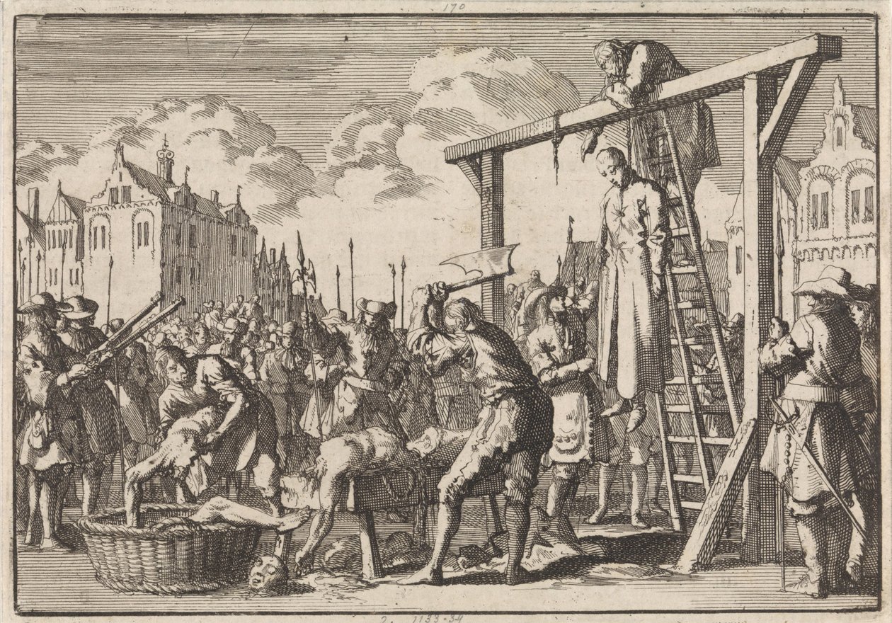 Em Londres, o jesuíta William Ireland é enforcado e John Grove é esquartejado por um suposto regicídio, 1679 de Jan Luyken
