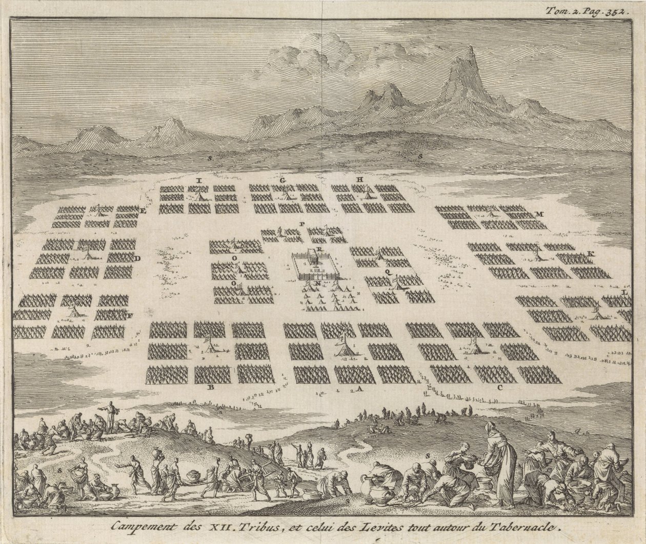 Acampamentos das Doze Tribos de Israel colocados ao redor do Tabernáculo Campement des XII Tribus, et celui des Levites tout autour du Tabernacle (título no objeto) de Jan Luyken