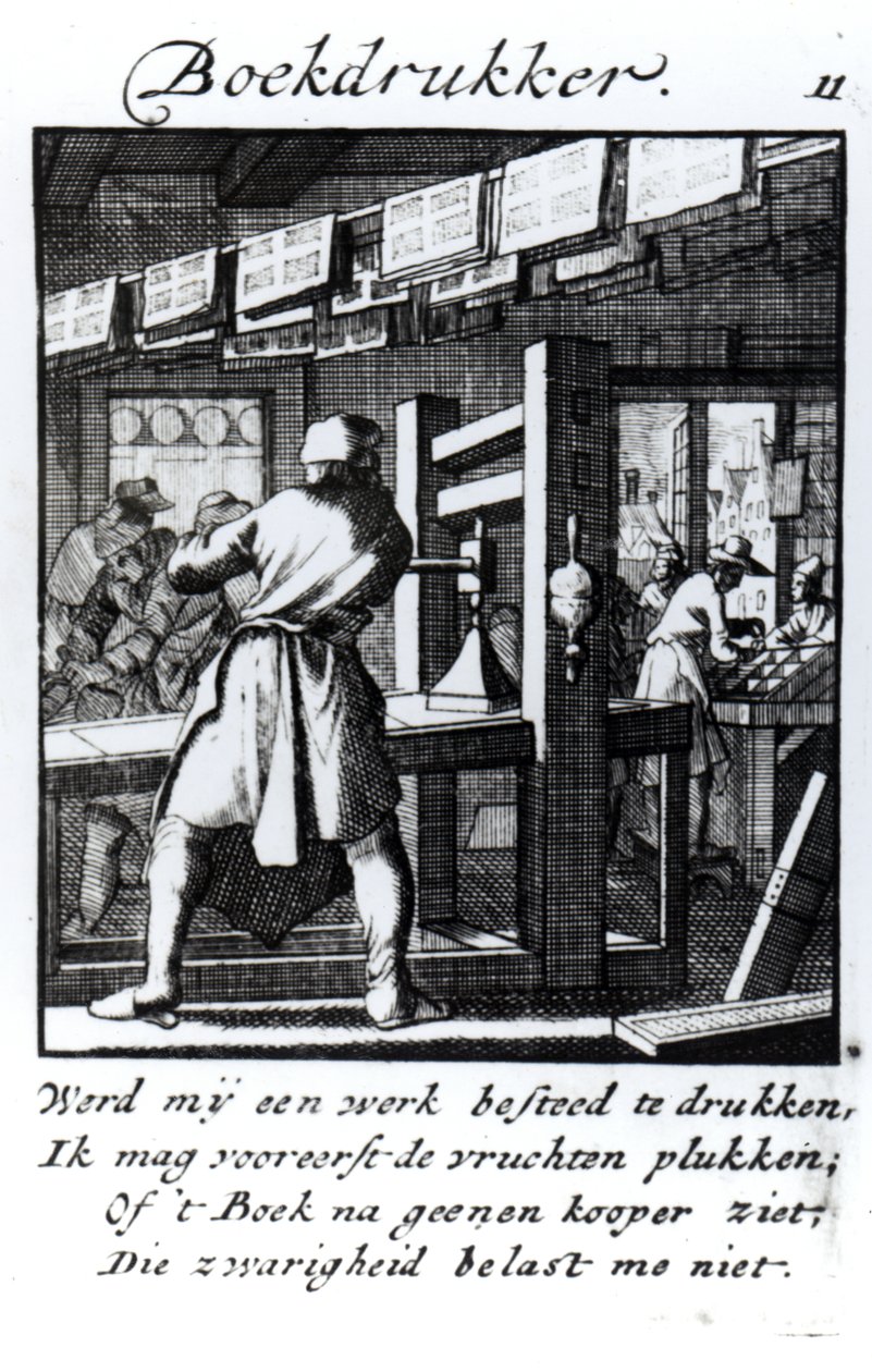 The Book Printer, do livro "Something for All" de Abraham van St. Clara, 1736 (gravura) de Jan Luyken