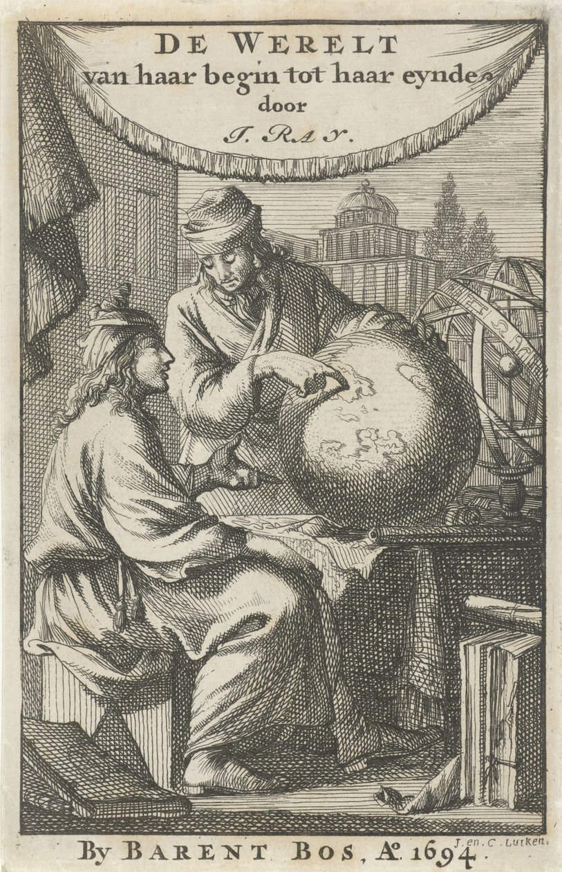 Dois homens estudam um globo
Página de título para: J. Ray, O mundo desde o seu início até ao seu fim, 1694 de Jan Luyken