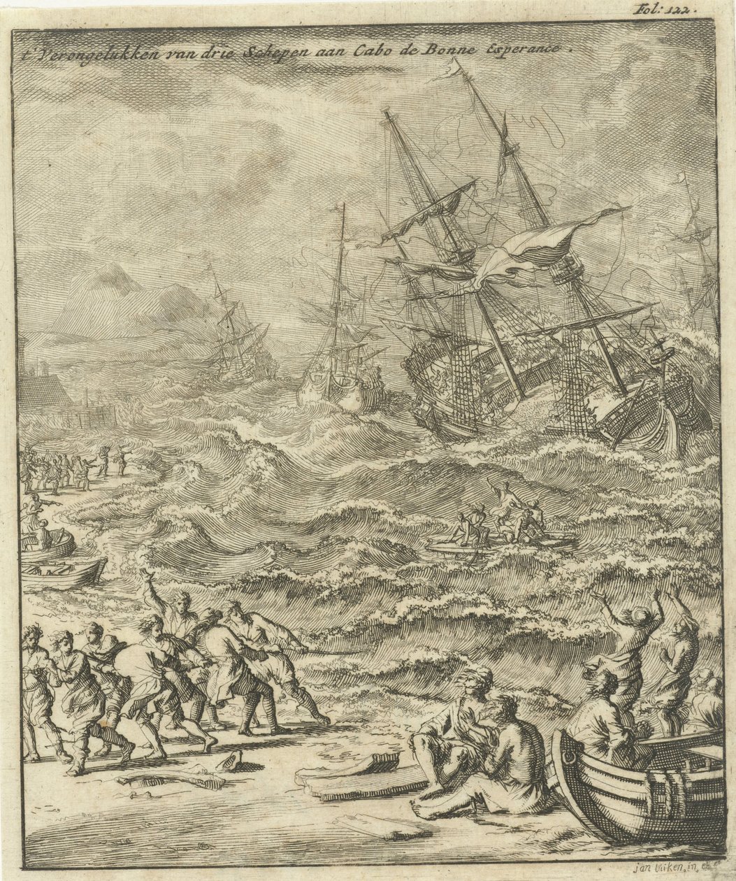 Naufrágio no Cabo da Boa Esperança, 1693 O Crashing of Three Ships no Cabo de Bonne Esperance (título no objeto) de Jan Luyken