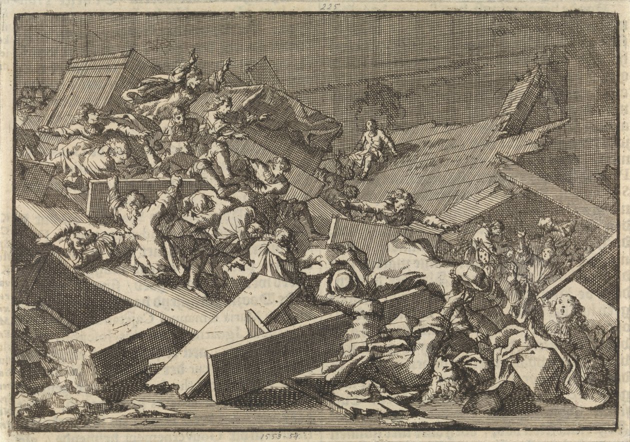 Piso da igreja da casa do conde plenipotenciário imperial von Bercka desmorona, 1697 de Jan Luyken