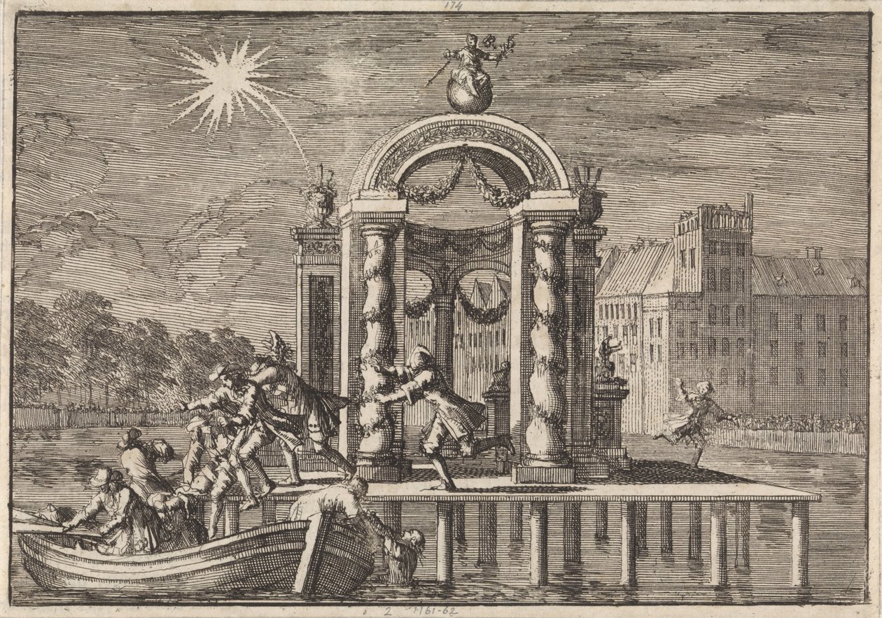 Pirotécnicos em fuga numa grande decoração no Vijverberg em Haia em homenagem ao nascimento do filho do Rei James II, 1688 de Jan Luyken