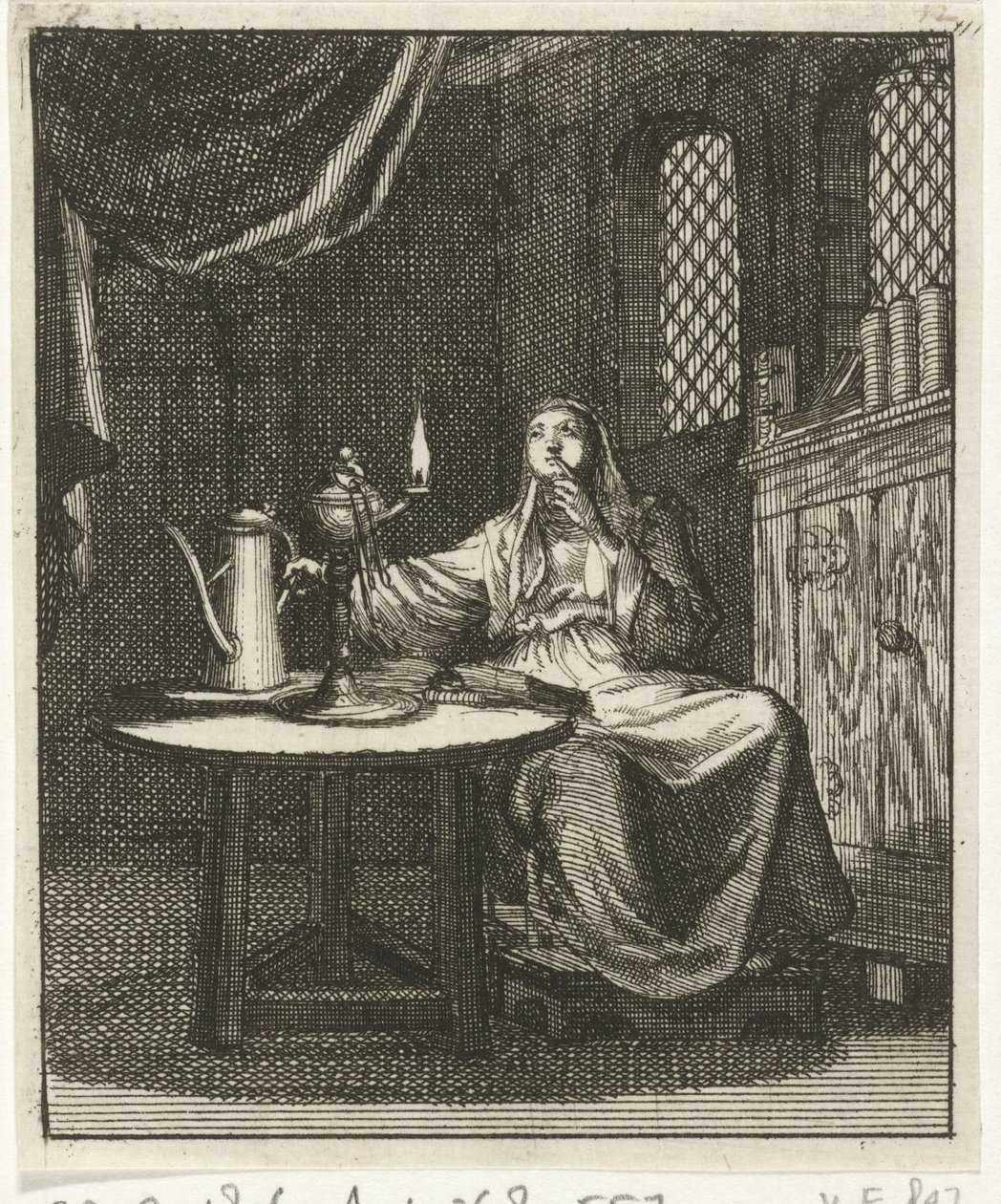 Mulher contempla a chama de uma lamparina a óleo de Jan Luyken