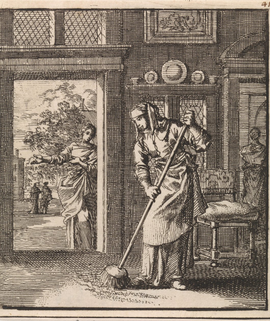 Mulher a varrer o chão de uma habitação de Jan Luyken