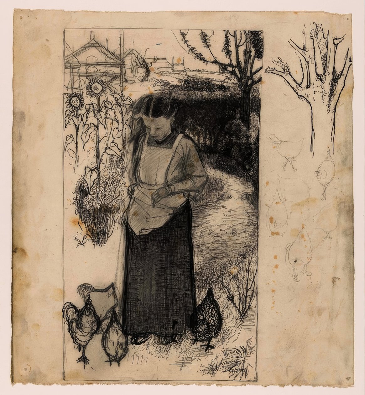 Annie Mankes-Zernike alimentando galinhas, certo: estudos de uma árvore e galinhas de Jan Mankes