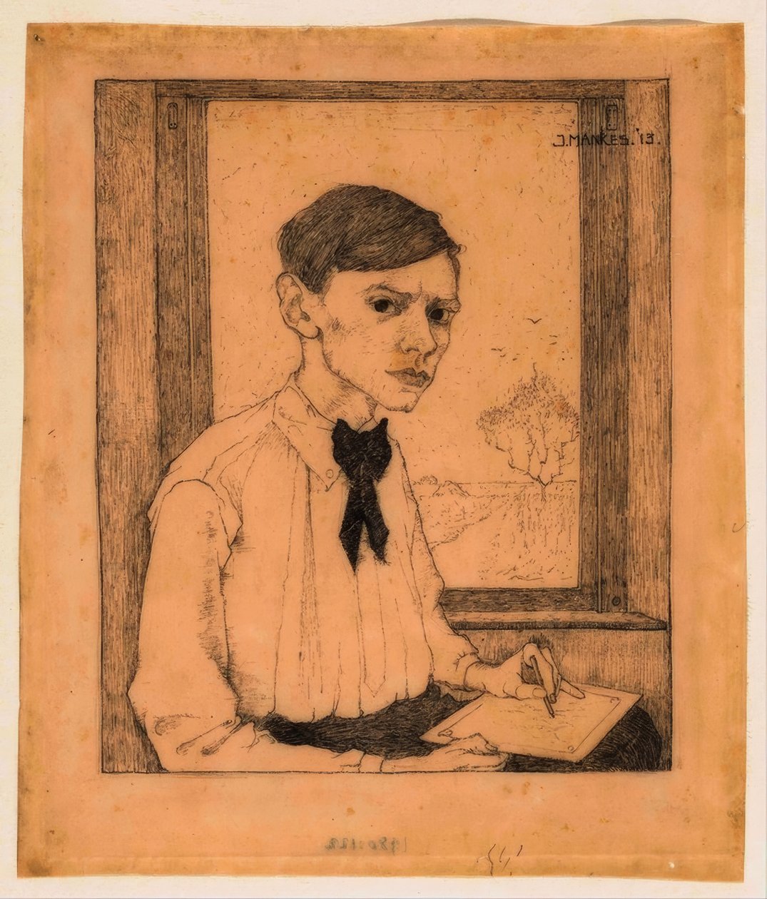 Auto-retrato, três quartos para a direita, desenhando em frente à janela de Jan Mankes