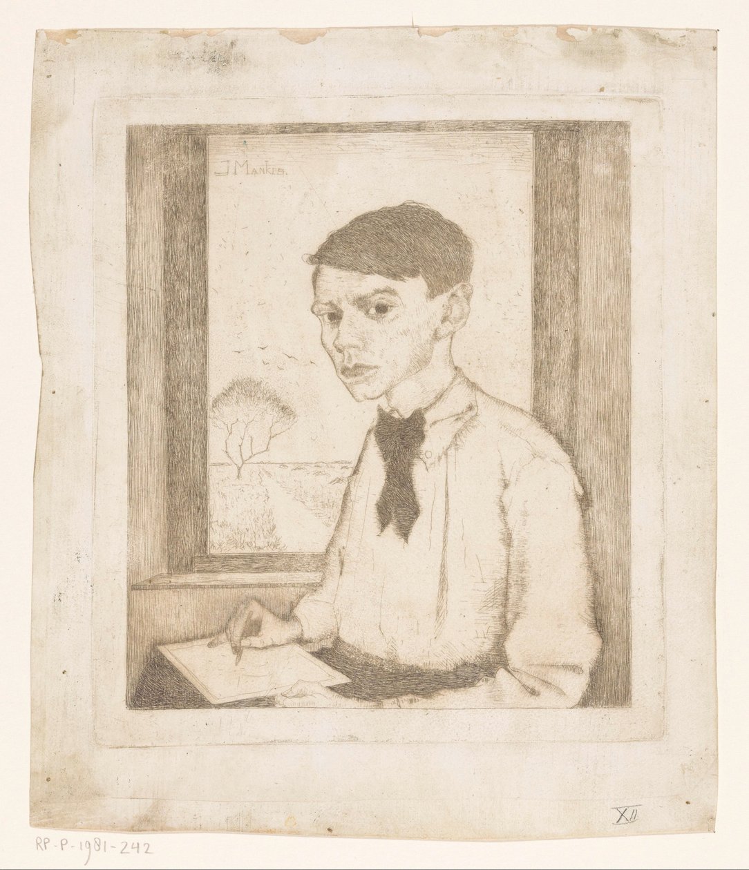 Desenho de autorretrato por uma janela de Jan Mankes
