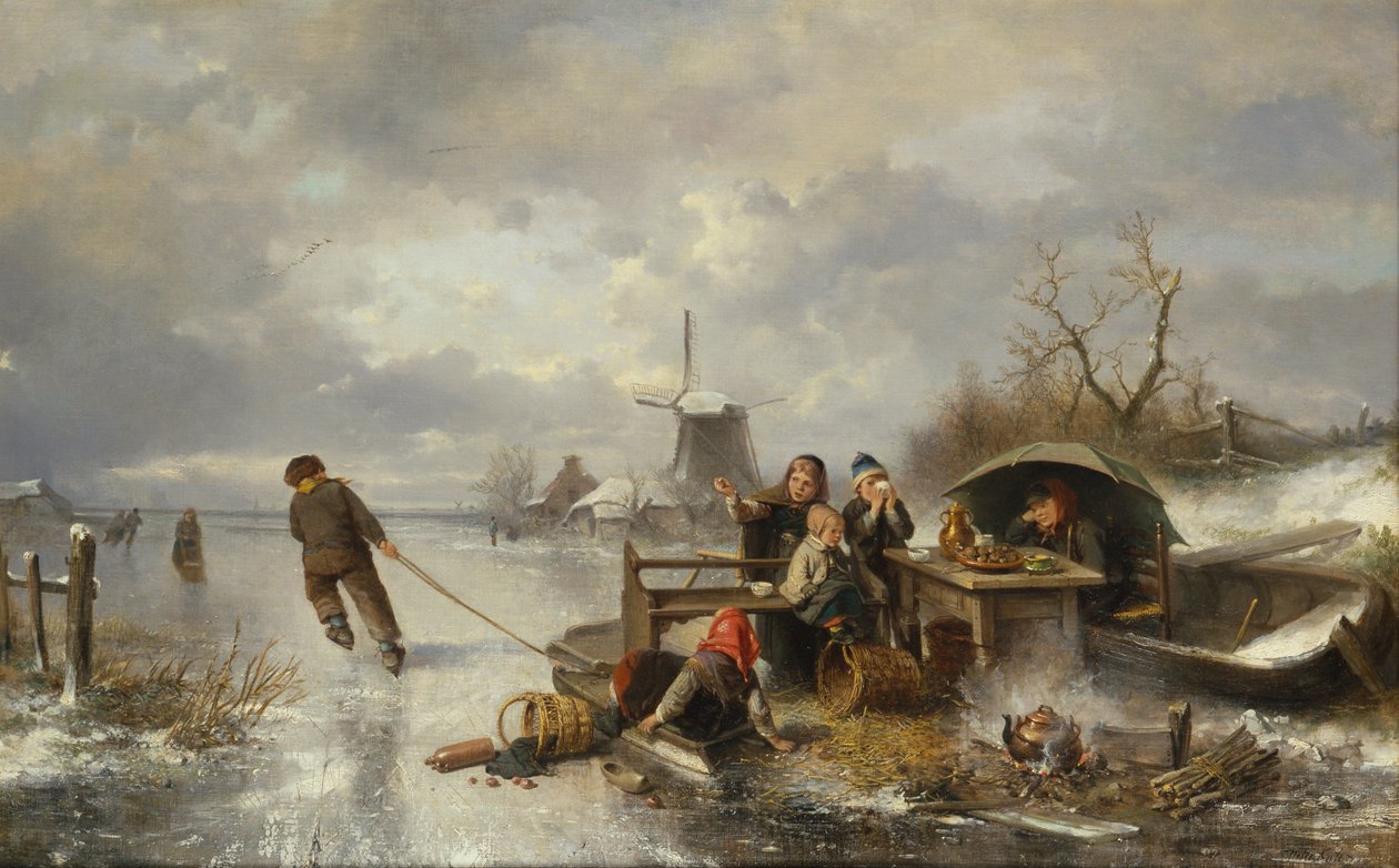 Crianças brincando em um lago congelado em uma paisagem de inverno (óleo sobre tela) de Jan Mari Henri Ten Kate