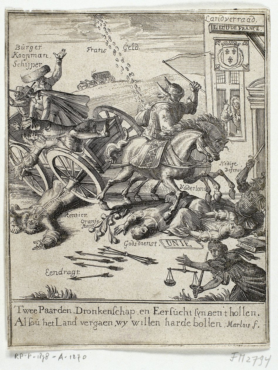 Cartoon retratando a alegada mentalidade francesa de Amsterdã, 1690 de Jan Marlois