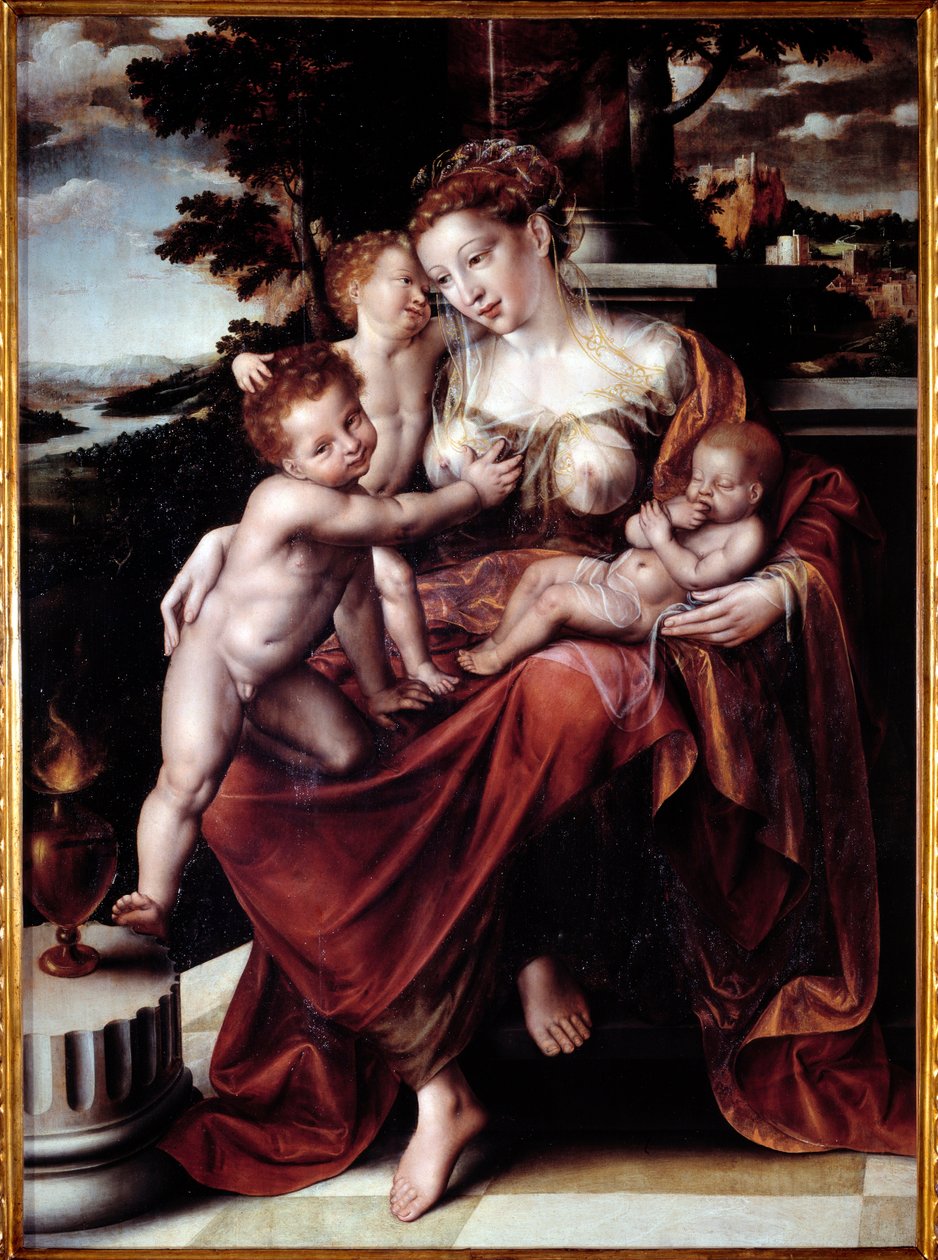 Alegoria da Caridade (Mulher alimentando vários bebês) Pintura de Jan Metsys (ou Massys) (1509-1575) Dim 120x90 cm Genes, Musei di Strada Nuova (ex Palazzo Bianco) de Jan Massys or Metsys