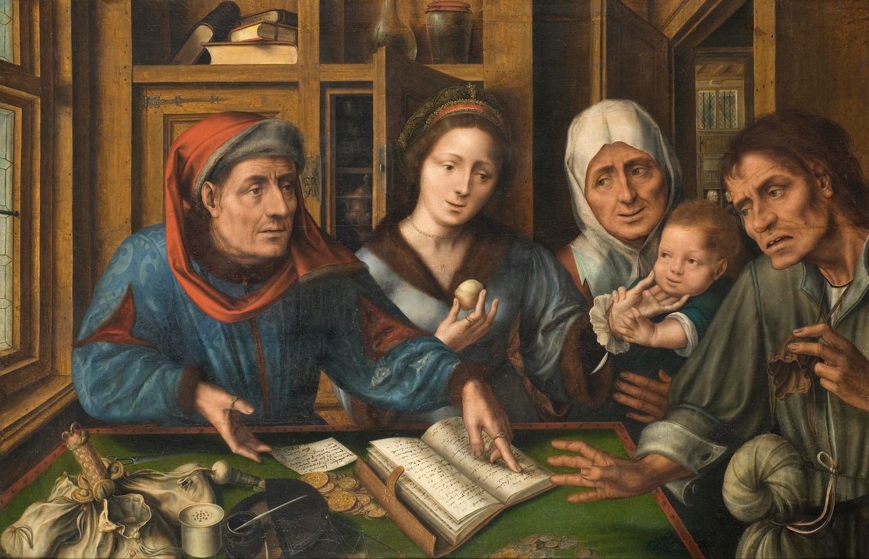 O Gabinete de Receptores de Rendas, 1514 (óleo sobre tela transferido de madeira) de Jan Massys or Metsys