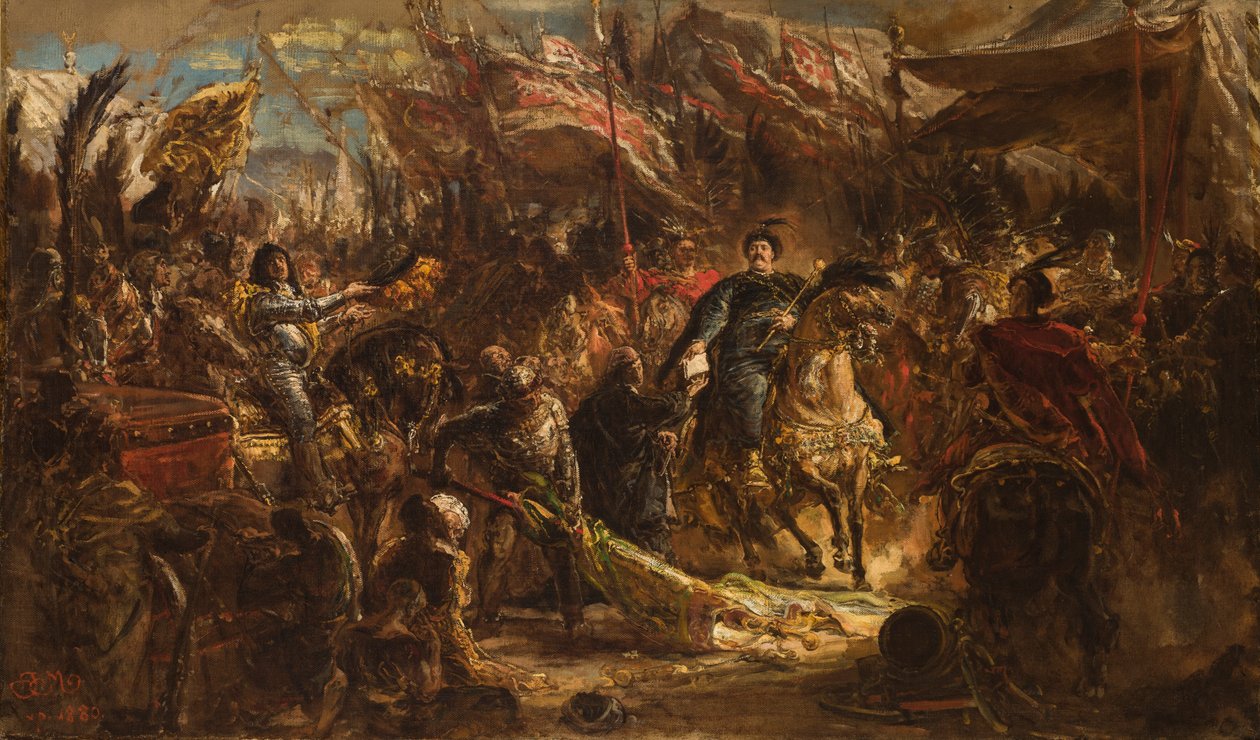 Jan III Sobieski entrega ao cónego Denhoff uma carta ao papa com a notícia da vitória sobre os Turcos em Viena em 1683 de Jan Matejko