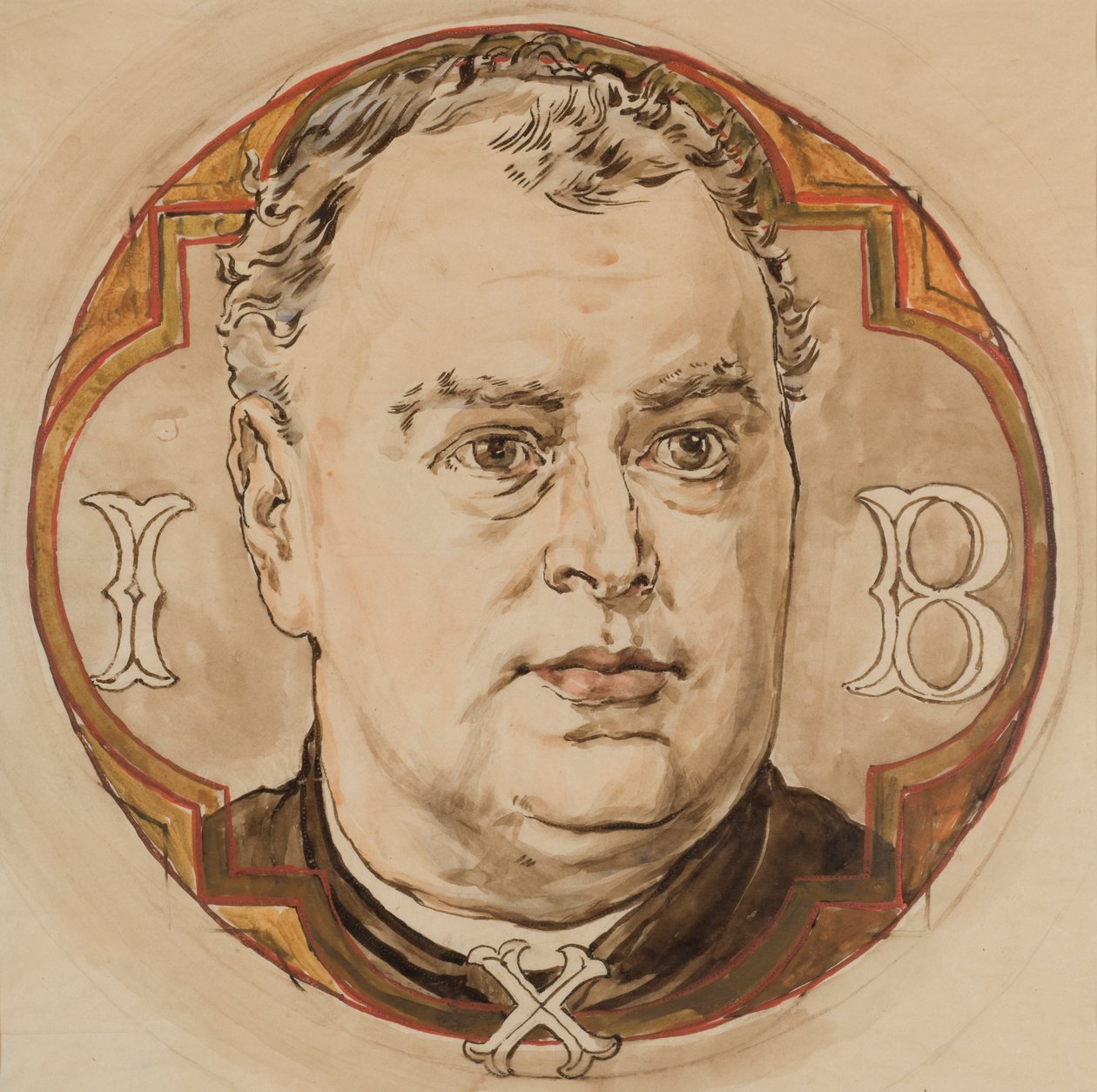 Cartão para a policromia da Igreja de Santa Maria - Cabeça masculina e letras «I, B, X» (padre Jan Bukowski) de Jan Matejko