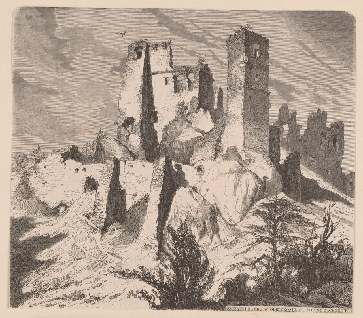 Ruínas do castelo em Odrzykoń, 1865 - xilogravura a partir de um desenho de Jan Matejko de Jan Matejko