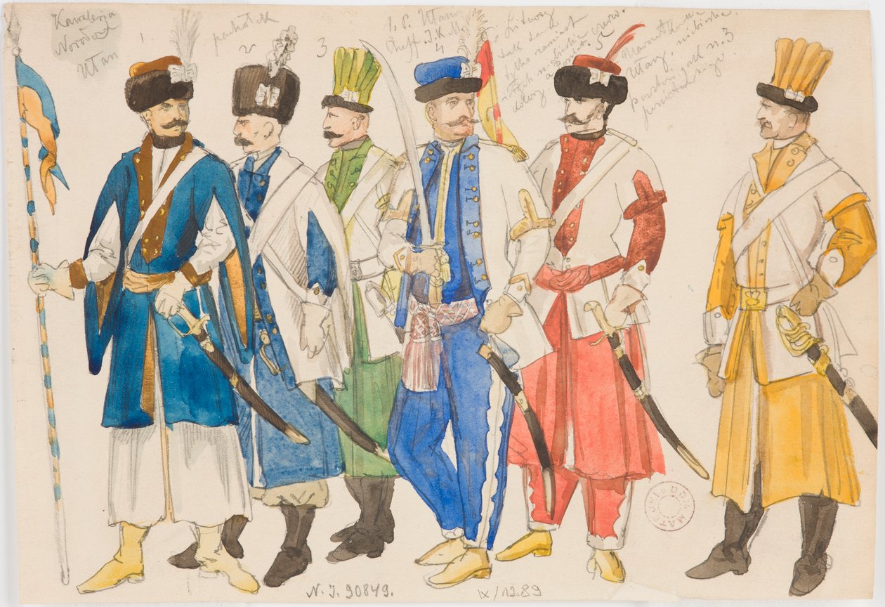 Estudos de figurino - Uma série de personagens masculinos em uniformes militares de Jan Matejko