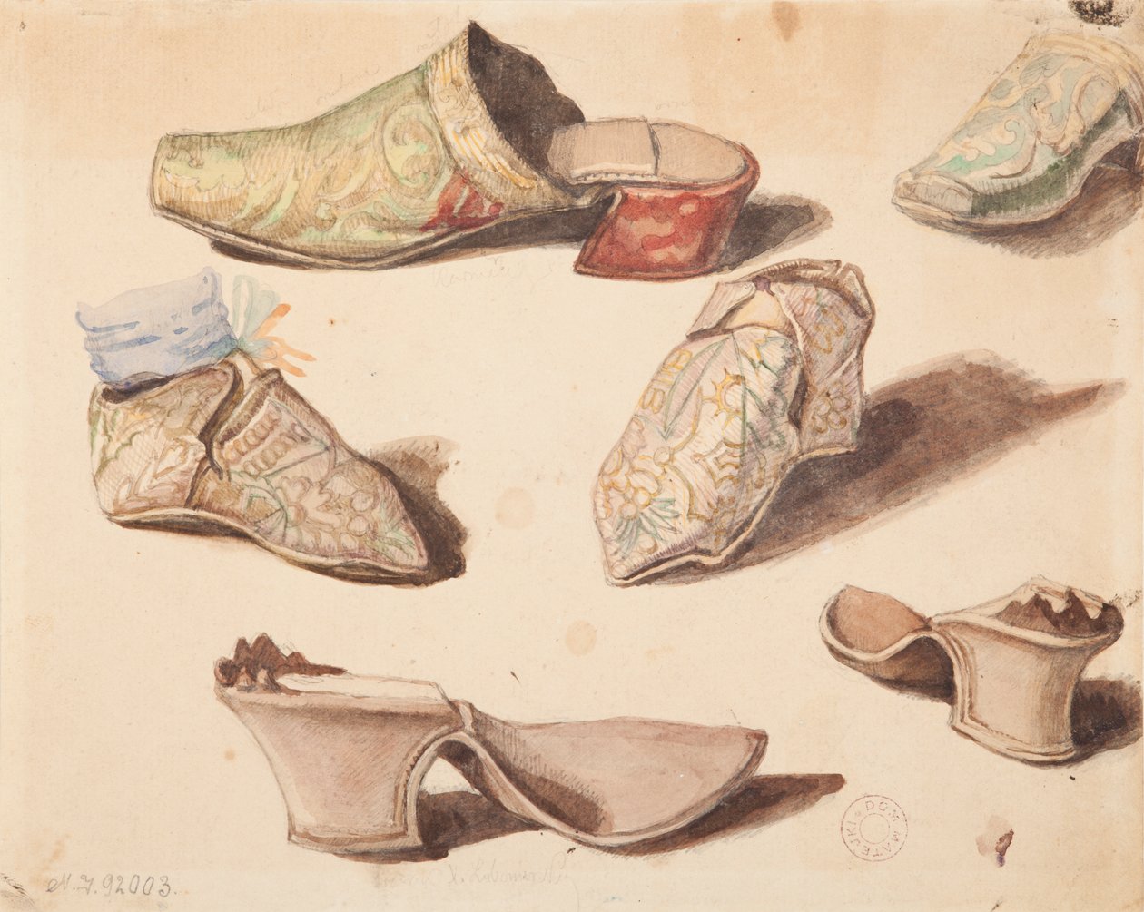 Estudos de trajes - Seis sapatos desenhados durante a abertura dos túmulos na igreja dos Carmelitas em Wiśnicz de Jan Matejko