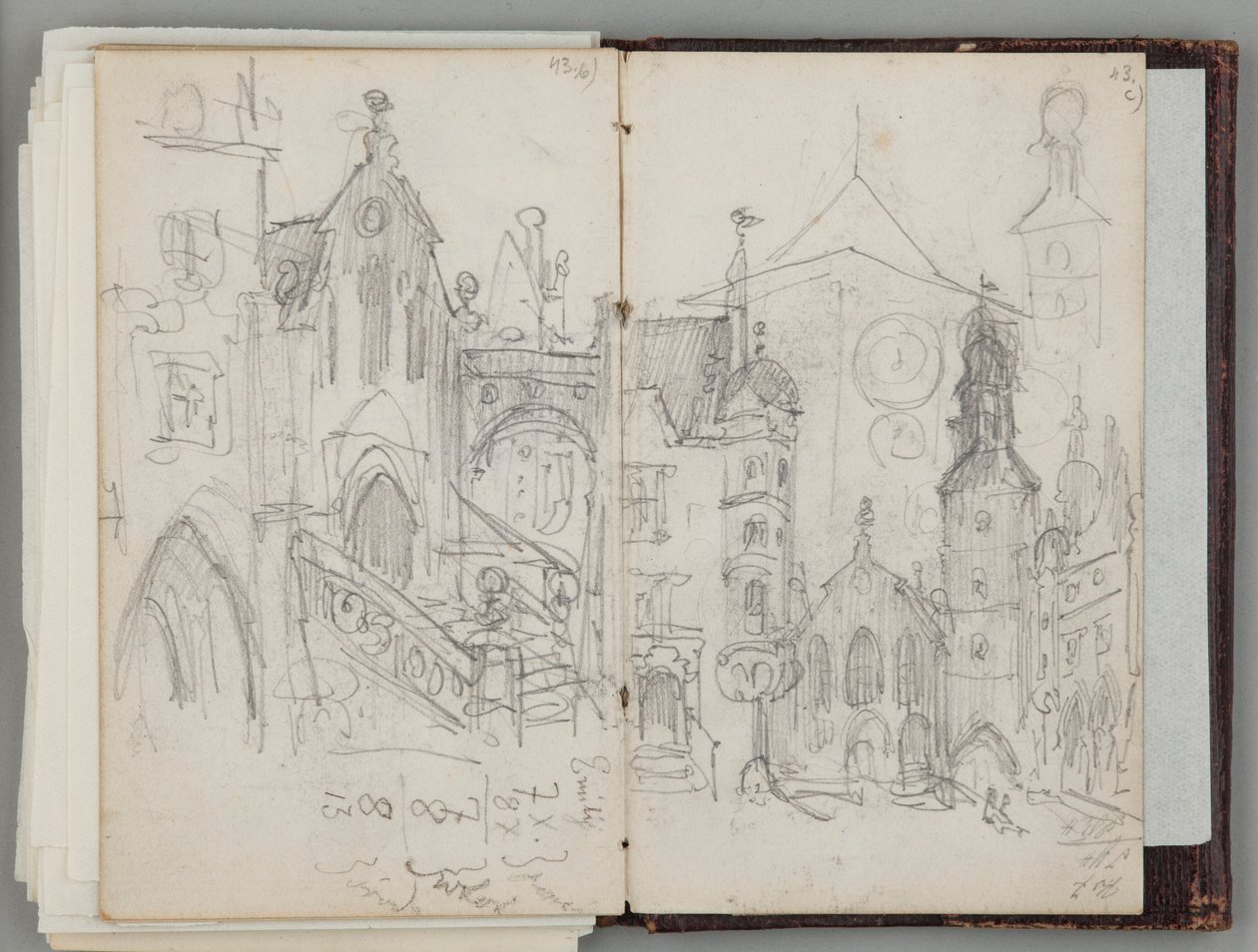 Caderno de esboços de Munique de Jan Matejko. Desenho de uma só face. Frente: estudo da antiga Marienplatz em Munique e estudo de torres. de Jan Matejko