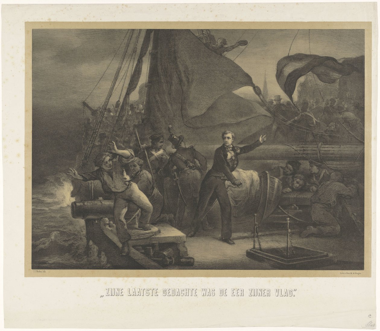 Jan van Speijk prestes a atirar o rastilho no porão, 1831
O seu último pensamento foi a honra da sua bandeira (título sobre o objecto) de Jan Mesker