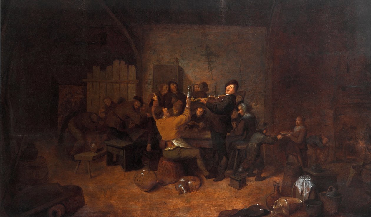 Fazendeiros em uma pousada Uma alegre companhia holandesa bebendo e cantando em uma taberna. Pintura de Jan Miense Molenaer (ca. 1610-1668) Galleria degli Uffizi do século XVII, Florença, Itália de Jan Miense Molenaer
