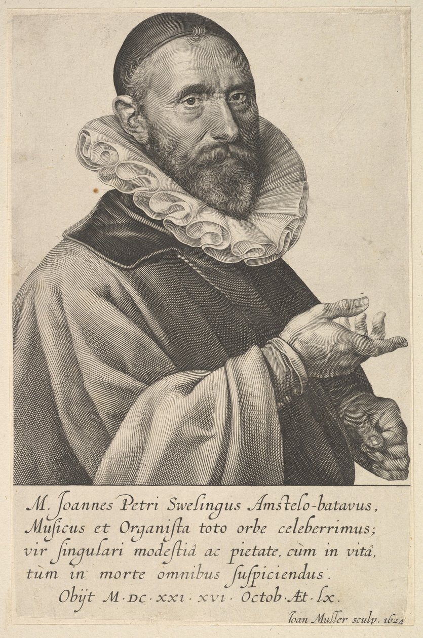 Retrato de Jan Pietersz Sweelinck, organista e músico em Amsterdã, 1624. de Jan Muller