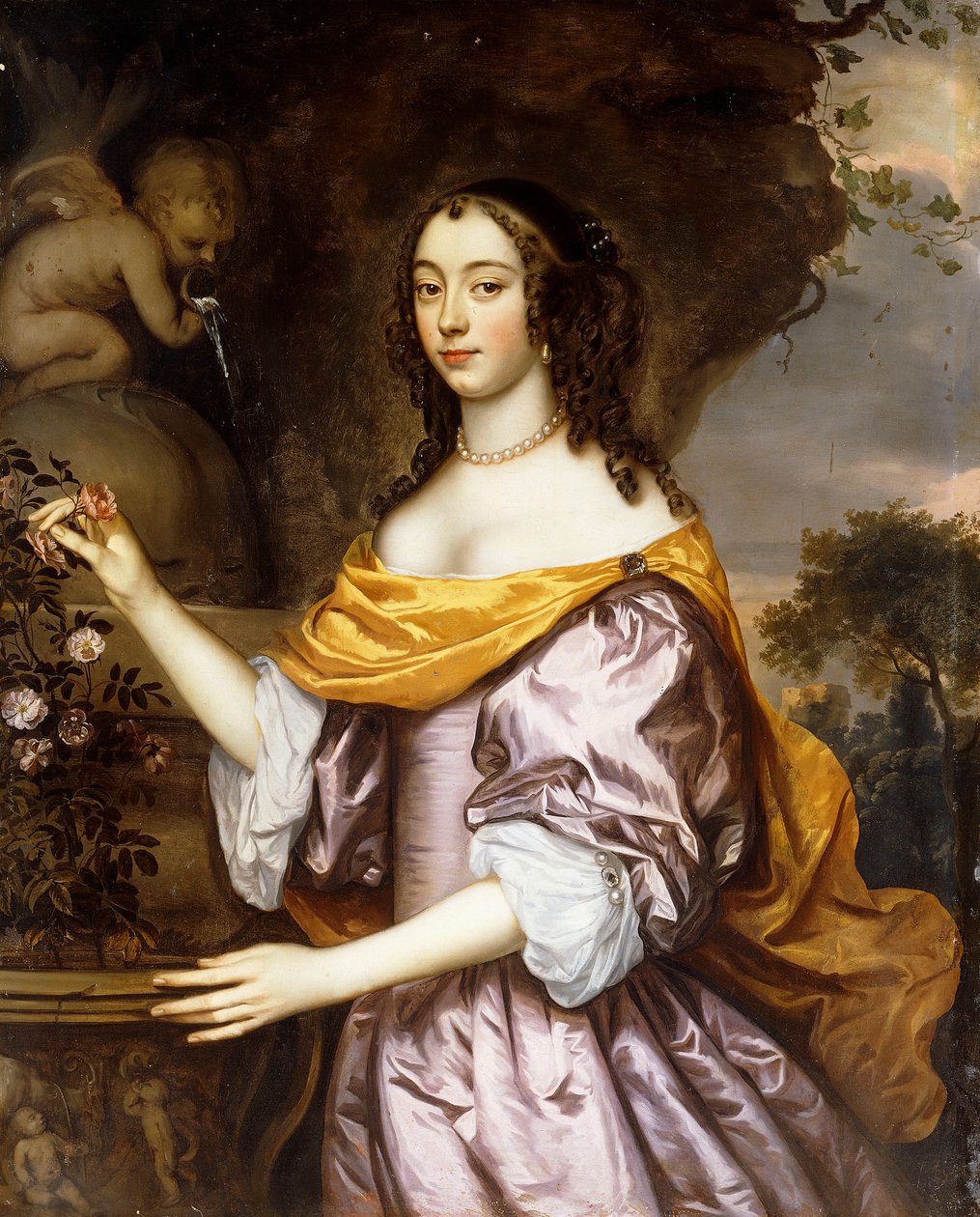 Retrato de uma senhora, de três quartos de comprimento, usando um vestido de seda lavanda e um xale amarelo de Jan Mytens