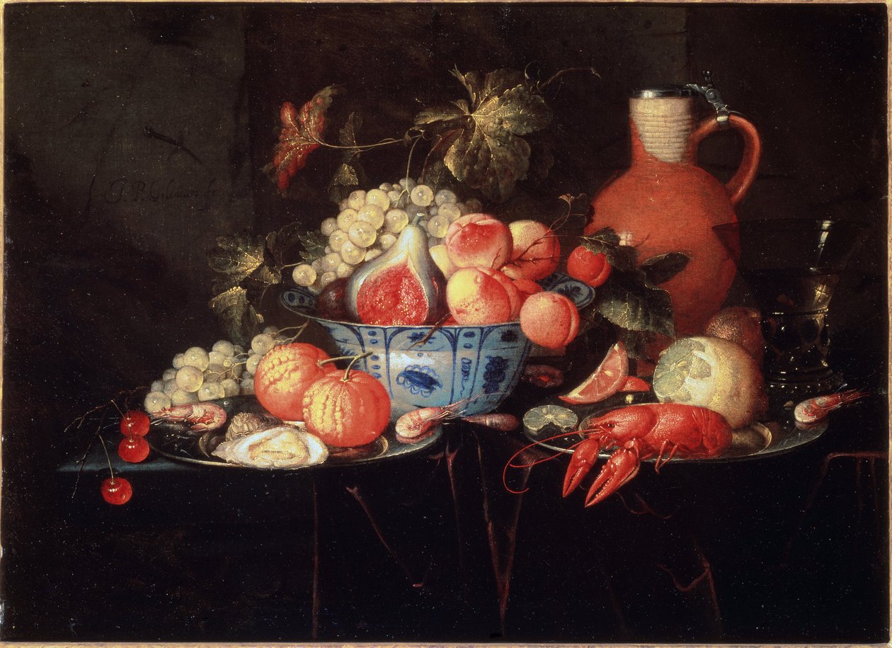 Natureza morta com frutas e lagostins de rio - il on canvas, c.1660 de Jan Pauwel II the Younger Gillemans