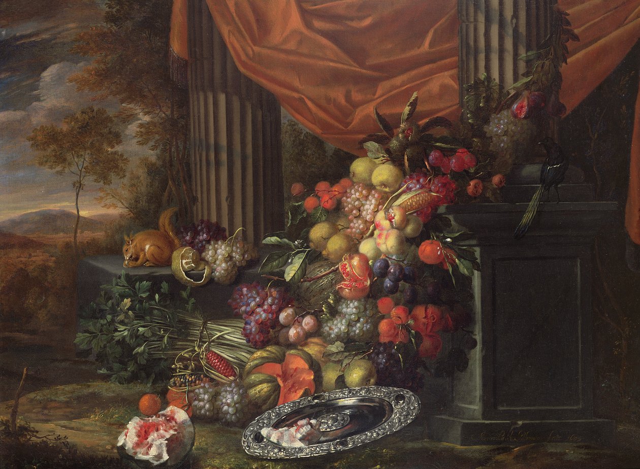Ainda vida de frutas em um cenário de paisagem de Jan Pauwel the elder Gillemans