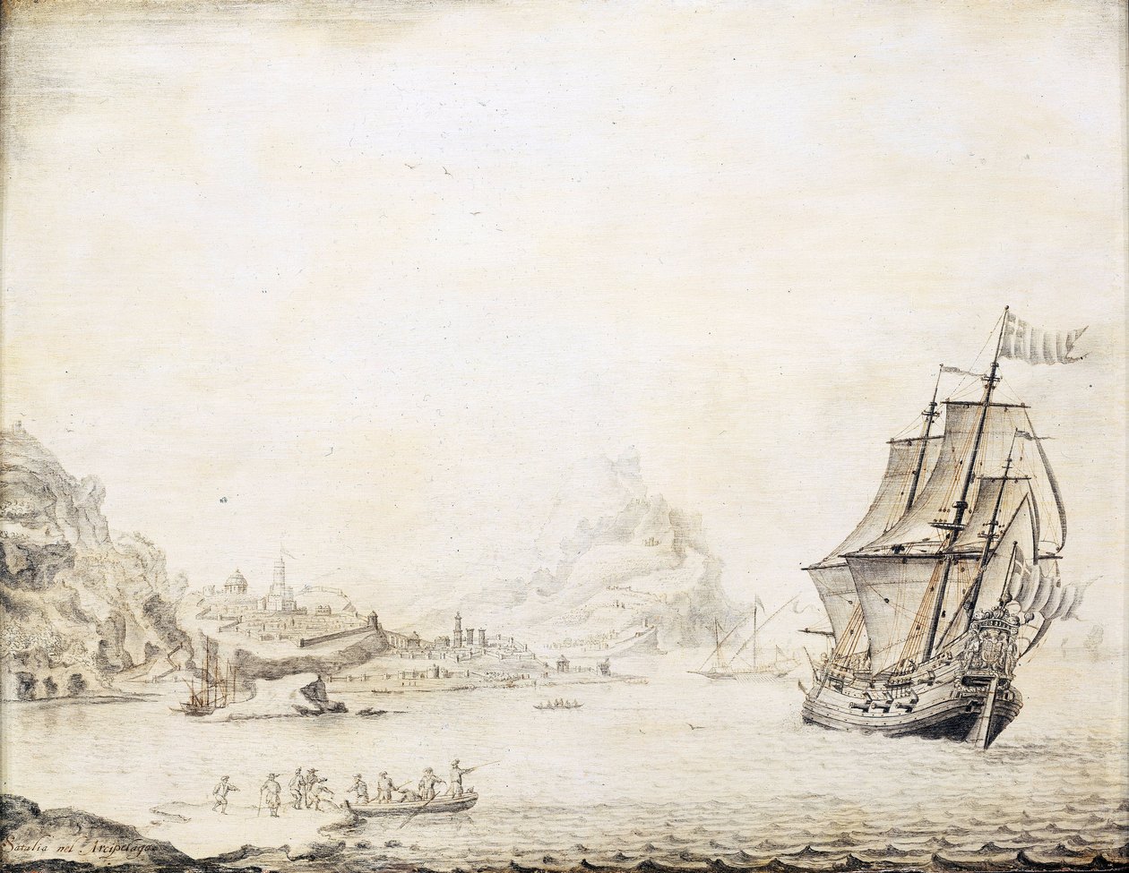 Um navio britânico ao largo da costa de Satalia (Turquia), em 1677, rodeado por uma costa rochosa, com antigas muralhas e minaretes. Óleo sobre madeira de Jan Peeters