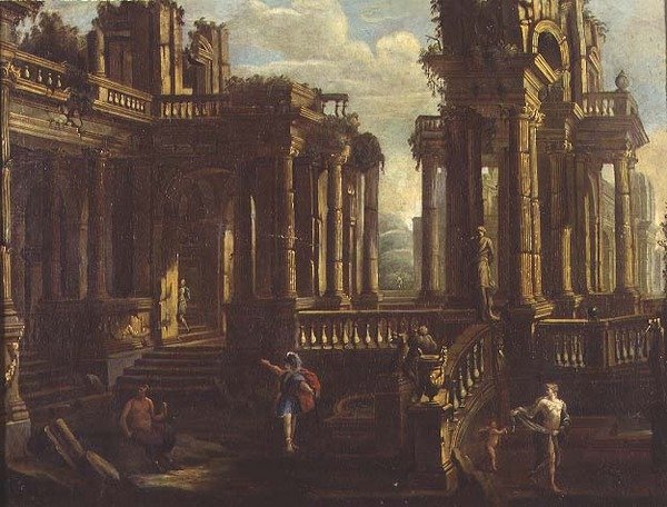 Um capriccio de ruínas clássicas com um guerreiro, um sátiro e um cupido perseguindo uma ninfa de Jan Peeters