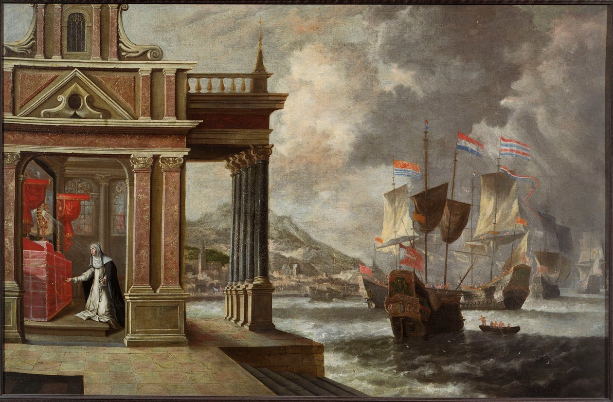 A Batalha de Lepanto: Santa Catarina de Ricci e o embarque, 1671. de Jan Peeters the Elder