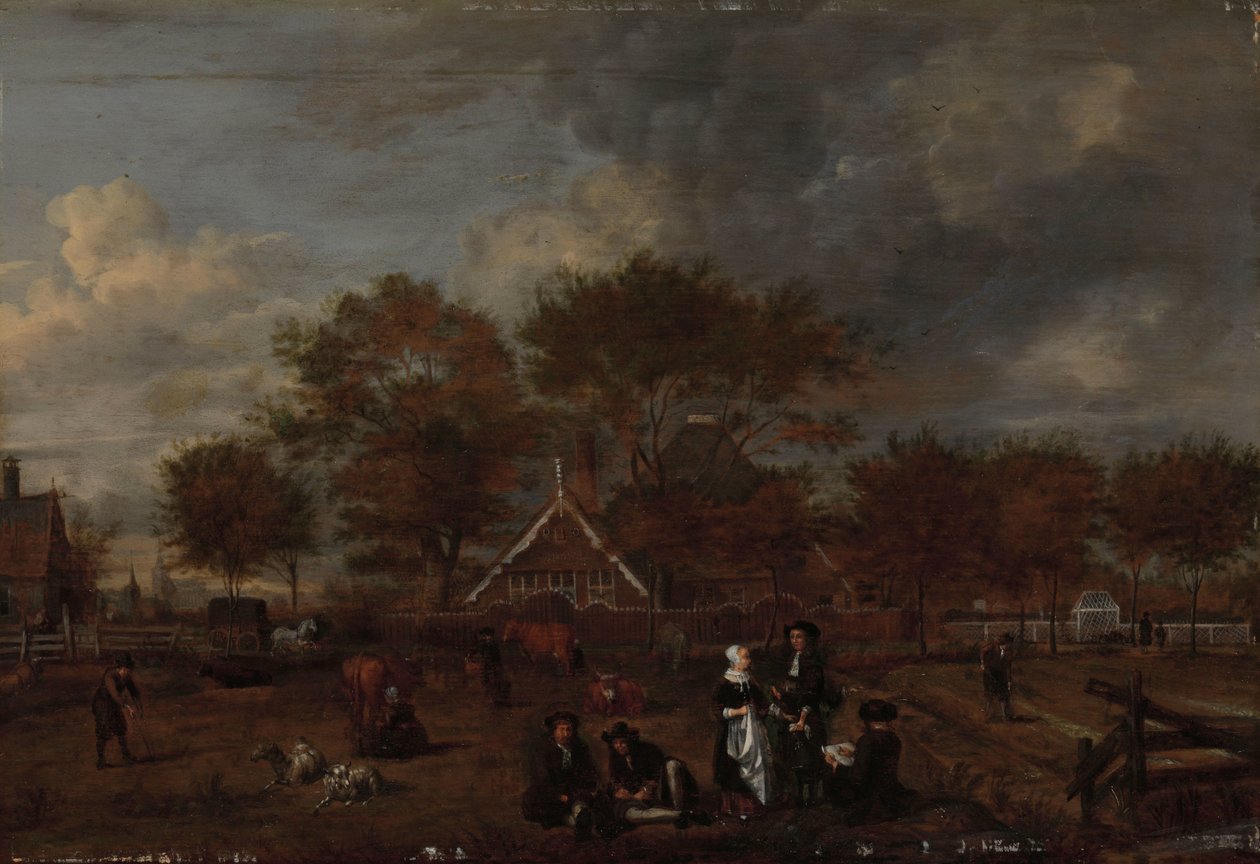 Fazenda com o fazendeiro cavalheiro e sua esposa e o pintor em primeiro plano de Jan Pietersz Opperdoes