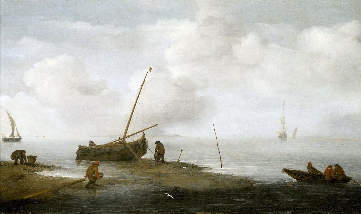Pesca de mexilhões, um barco de pesca na costa e três homens ocupados a recolher mexilhões nos seus cestos. Óleo sobre tela, 1622, de Jan Porcellis (1580-1632). de Jan Porcellis
