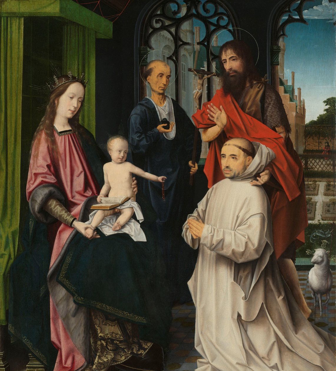 Virgem e Menino entronizados, com os Santos Jerônimo e João Batista e um monge cartuxo Madonna entronizada com São Jerônimo e João Batista e um monge cartuxo ajoelhado de Jan Provoost (attributed to)