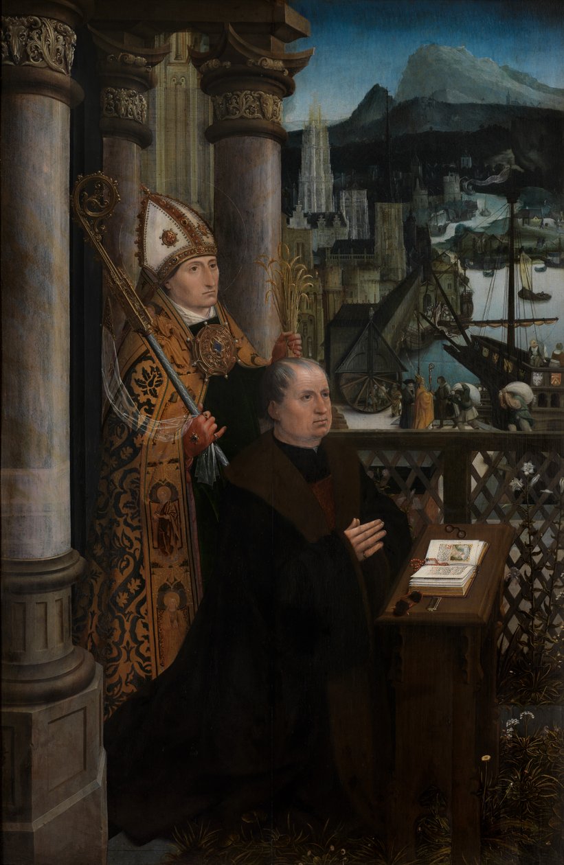 Detalhe do Doador com São Nicolau e Mulher do Doador com São Godeliva, c.1515-21 (óleo sobre painel) de Jan Provoost