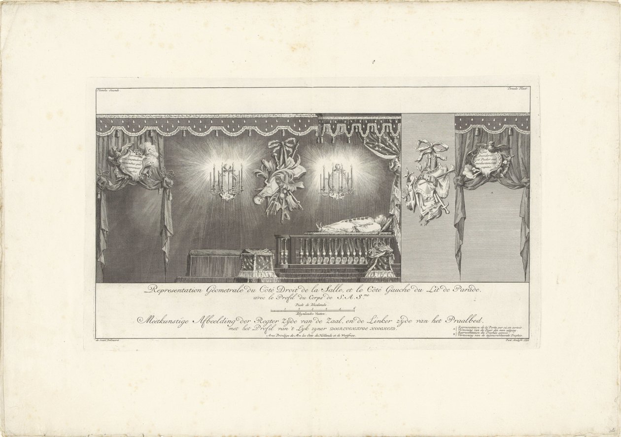 Lado direito do salão com a majestade do príncipe William IV, 1751 Representação Geometrale du Côte Droit (...) / Meetkonstige Imagem do Lado Direito do Salão e do Lado Esquerdo da Cama Splendor, com o Perfil de 