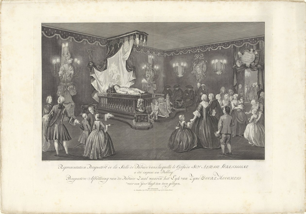 Salão com a Cama de Desfile do Príncipe Guilherme IV, 1751
Perspectiva de Representação da Salle de Parade (...) Perspectiva da Salle de Parade em que a Lyk de Zyne Doorl. Alteza está deitada perante um yder (título sobre o objecto)
Cama de desfile de W de Jan Punt
