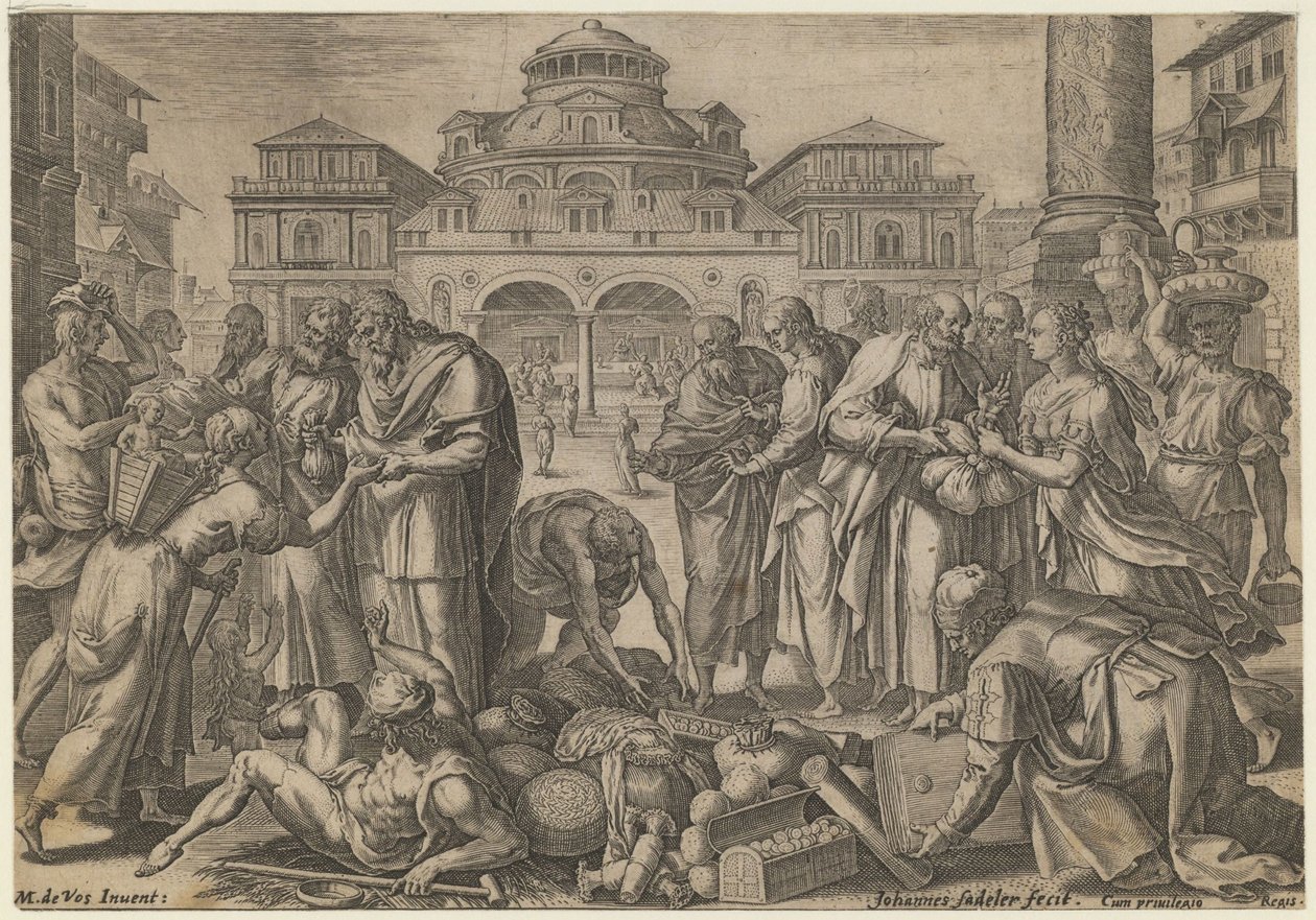 Os apóstolos distribuem o dinheiro aos necessitados, ca. 1600 de Jan Sadeler
