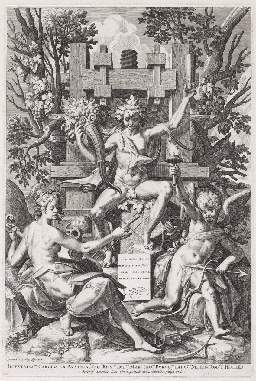 Baco sentado em um barril entre amor e música de Jan Sadeler I, after Joos van Winghe