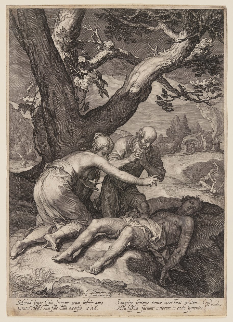 Adão e Eva lamentando o cadáver de Abel, de History of the First Parents of Man (História dos primeiros pais do homem) de Jan Saenredam