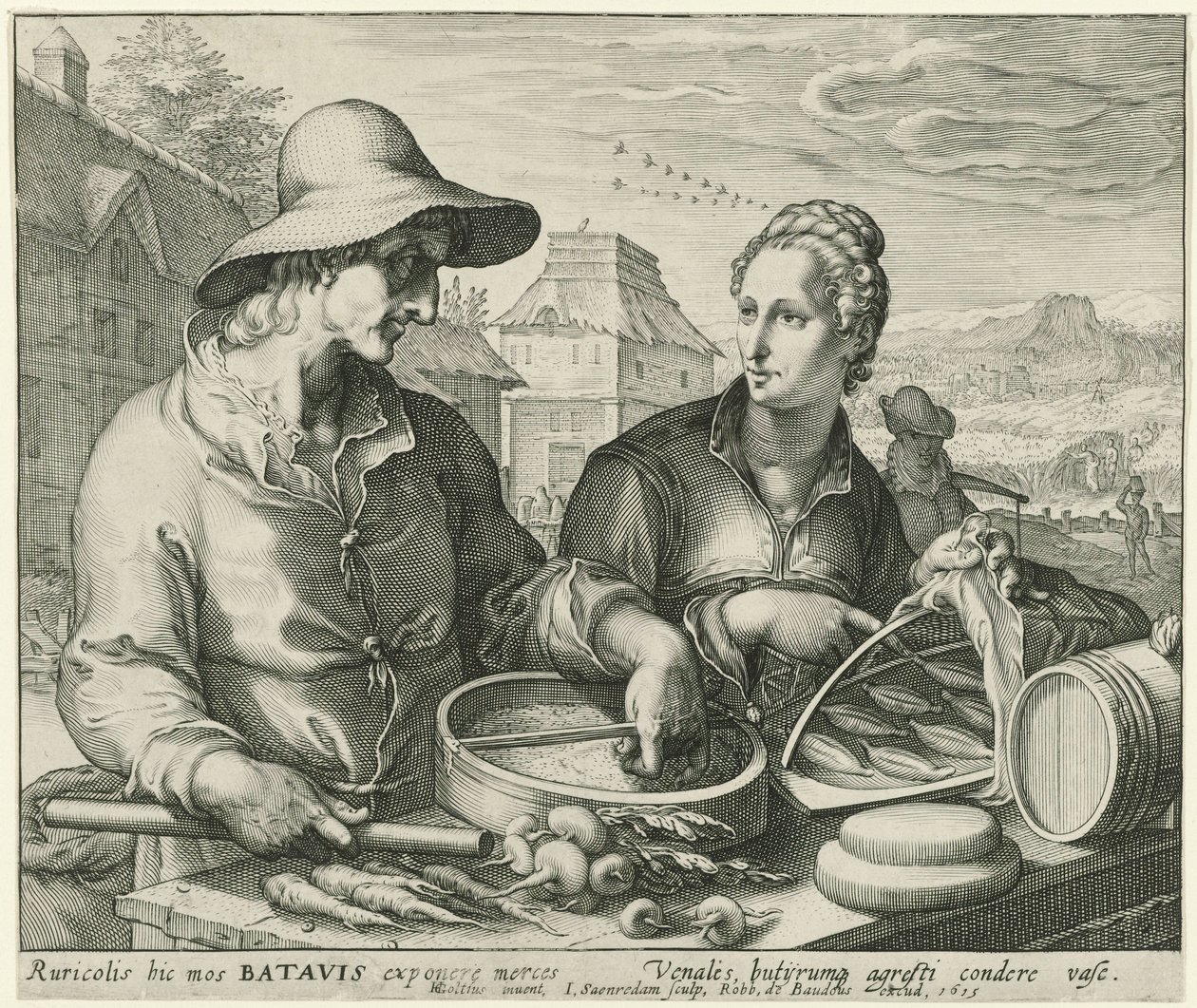Agricultor e mulher de um agricultor numa banca de mercado de Jan Saenredam