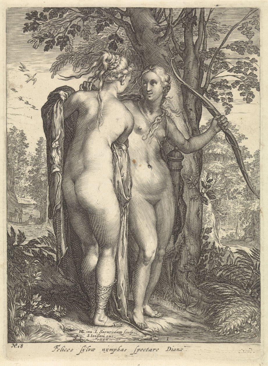 Diana e uma ninfa na frente de uma árvore Diana e suas ninfas (título da série) de Jan Saenredam