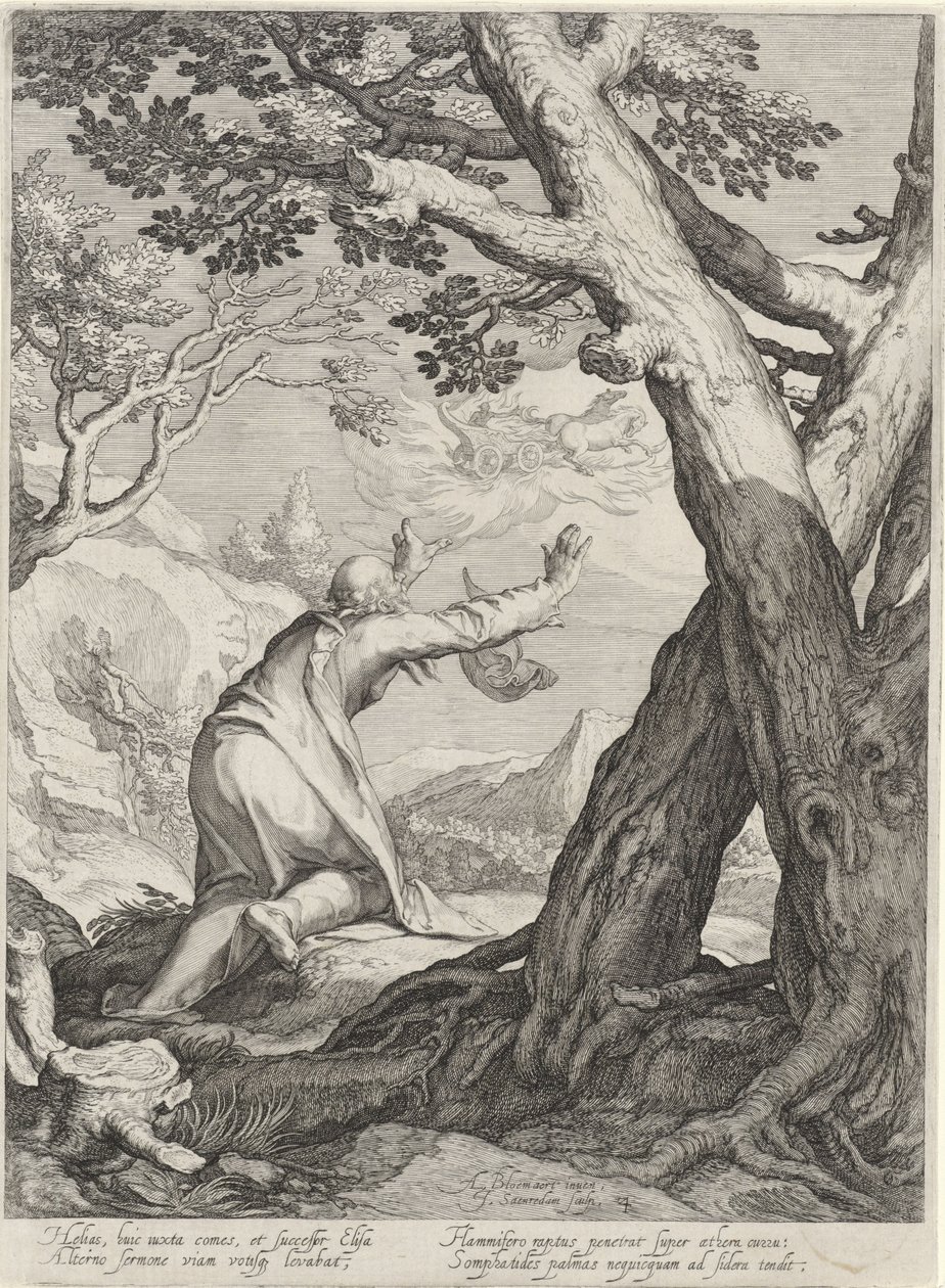 Elias deixa o mundo numa carruagem de fogo e deixa o seu manto para Elisha
Quatro cenas da vida dos profetas Aquias e Elias (título da série) de Jan Saenredam