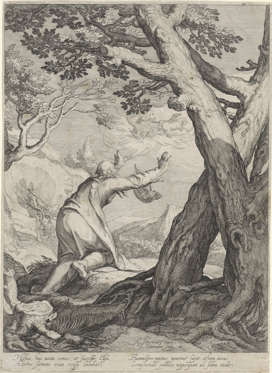 Elias deixa o mundo numa carruagem de fogo e deixa o seu manto para Elisha
Quatro cenas da vida dos profetas Aquias e Elias (título da série) de Jan Saenredam